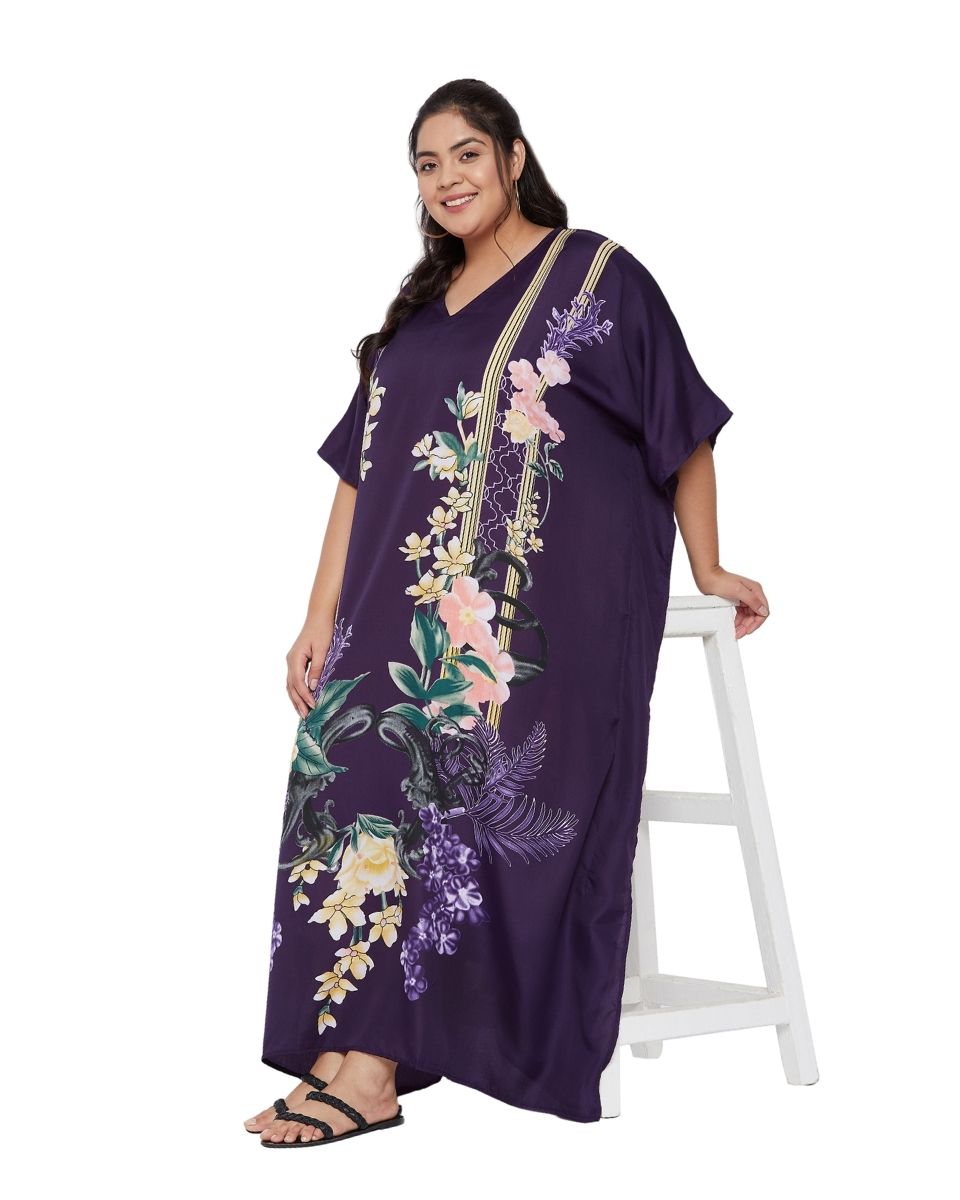 Floral Printed Purple Polyester Kaftan Plus Size Dress For Women