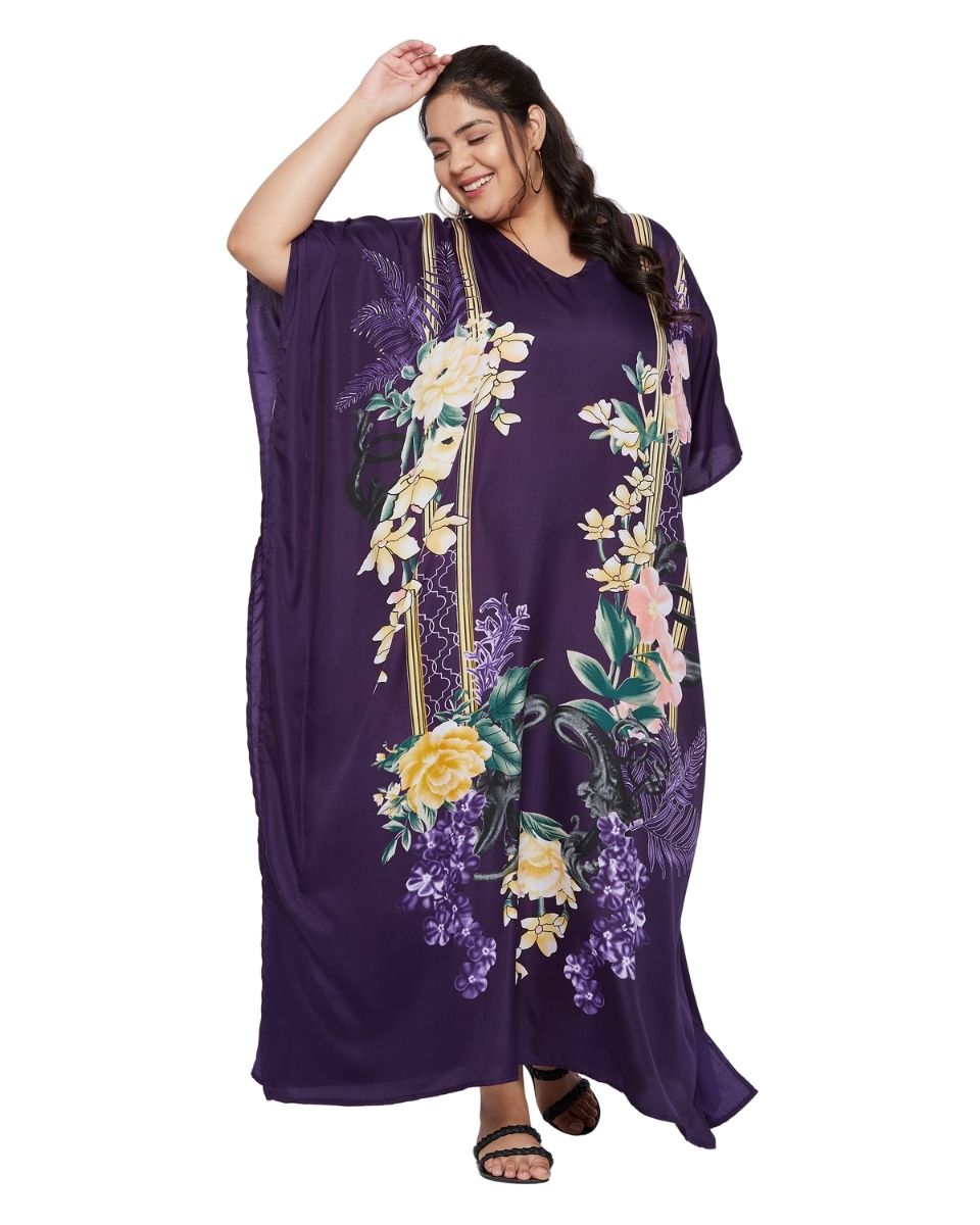 Floral Printed Purple Polyester Kaftan Plus Size Dress For Women