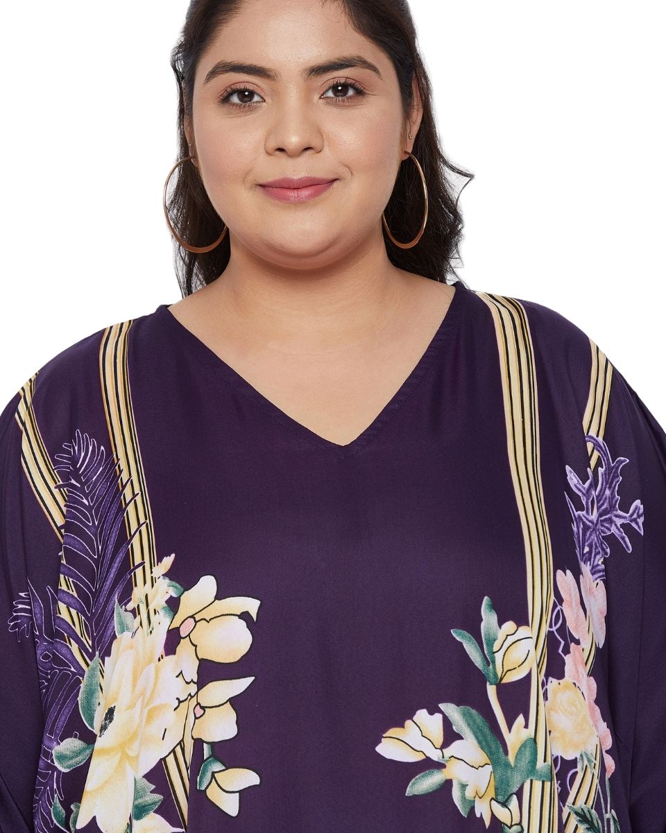 Floral Printed Purple Polyester Kaftan Plus Size Dress For Women