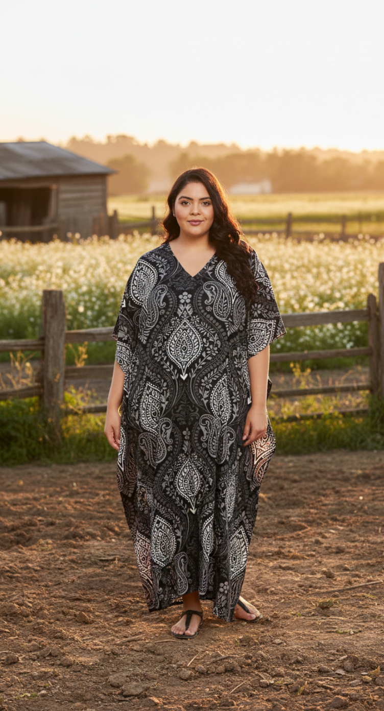 Floral Printed Black Polyester Kaftan Plus Size Dress For Women