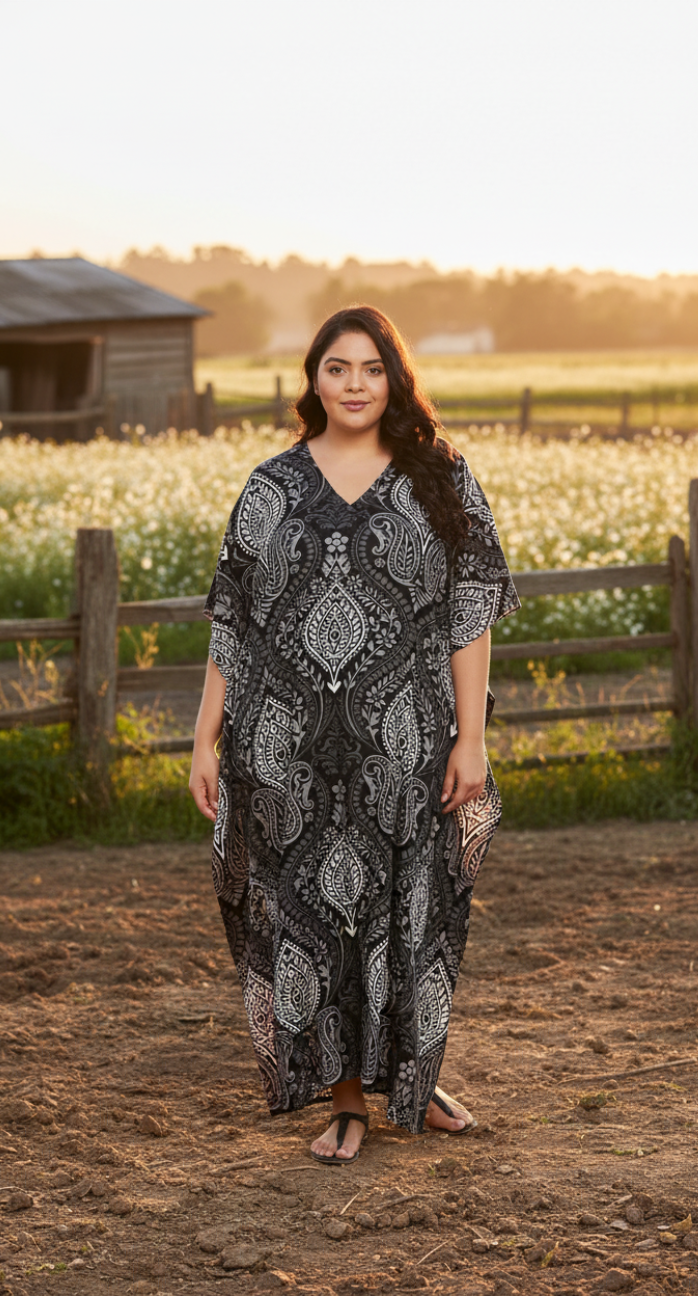 Floral Printed Black Polyester Kaftan Plus Size Dress For Women