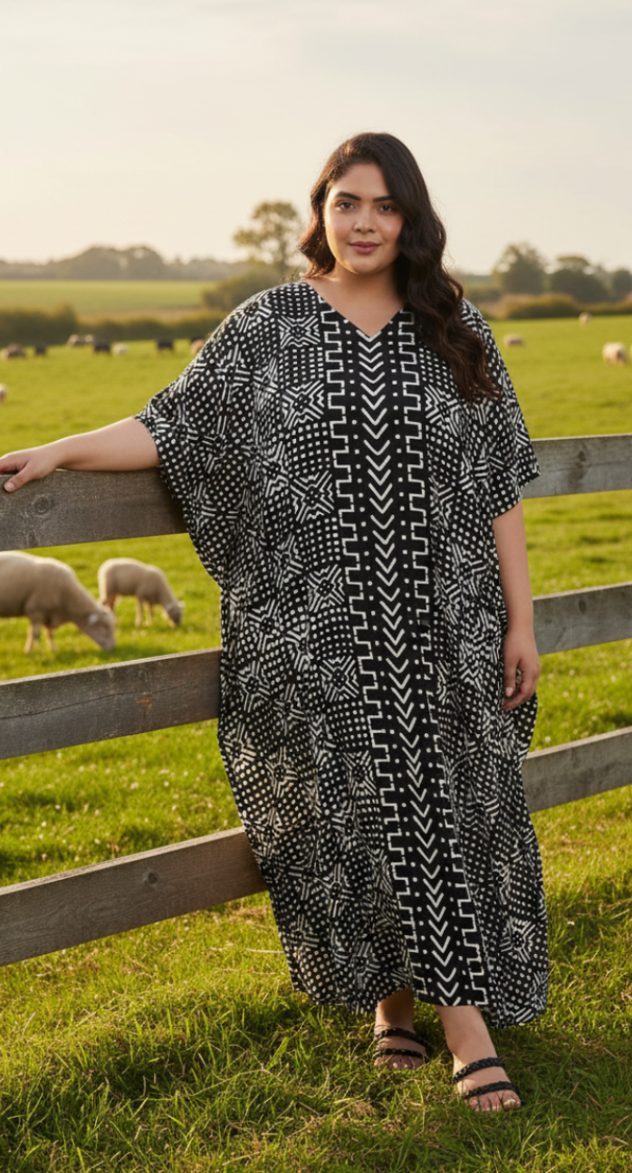 Geometric Printed Plus Size Black Polyester Kaftan Dress For Women