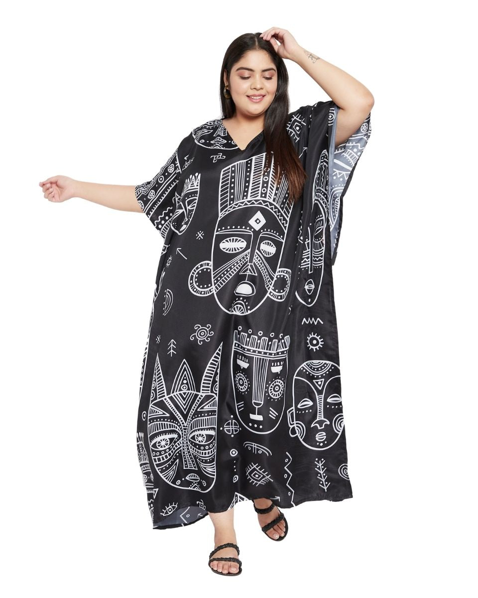 Black Tribal Pattern Polyester Loose Plus Size Kaftan For Women