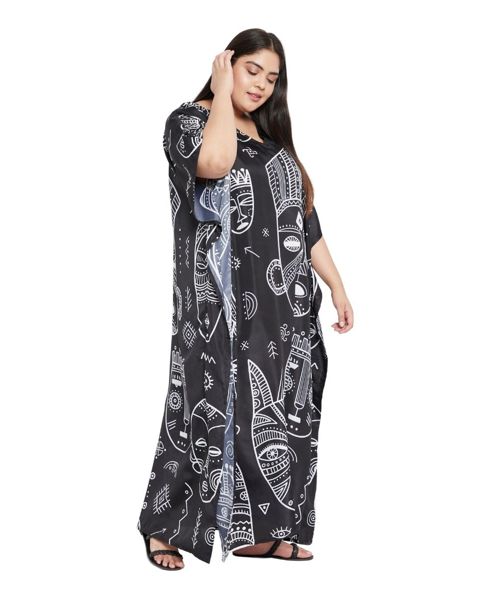 Black Tribal Pattern Polyester Loose Plus Size Kaftan For Women