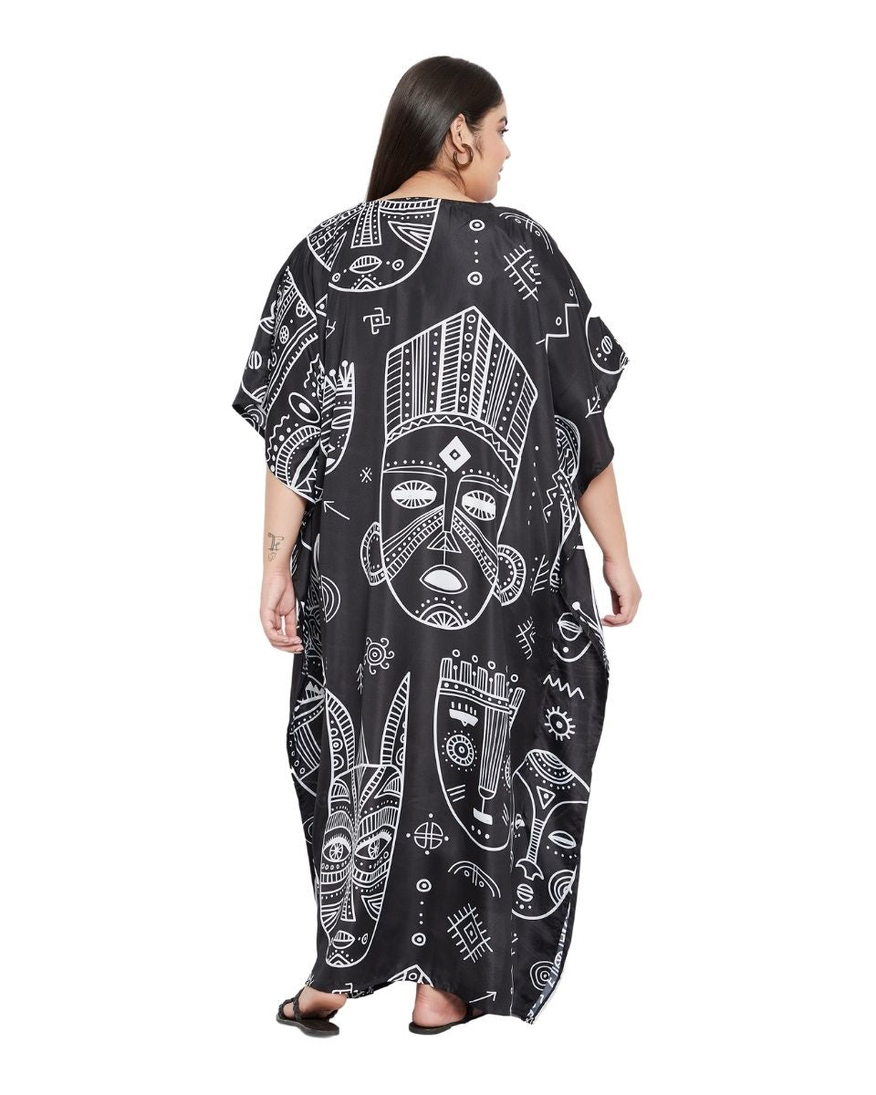 Black Tribal Pattern Polyester Loose Plus Size Kaftan For Women