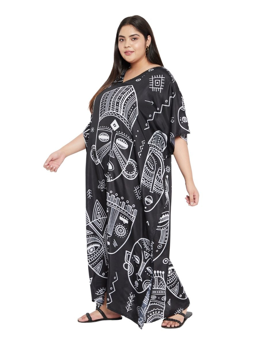 Black Tribal Pattern Polyester Loose Plus Size Kaftan For Women