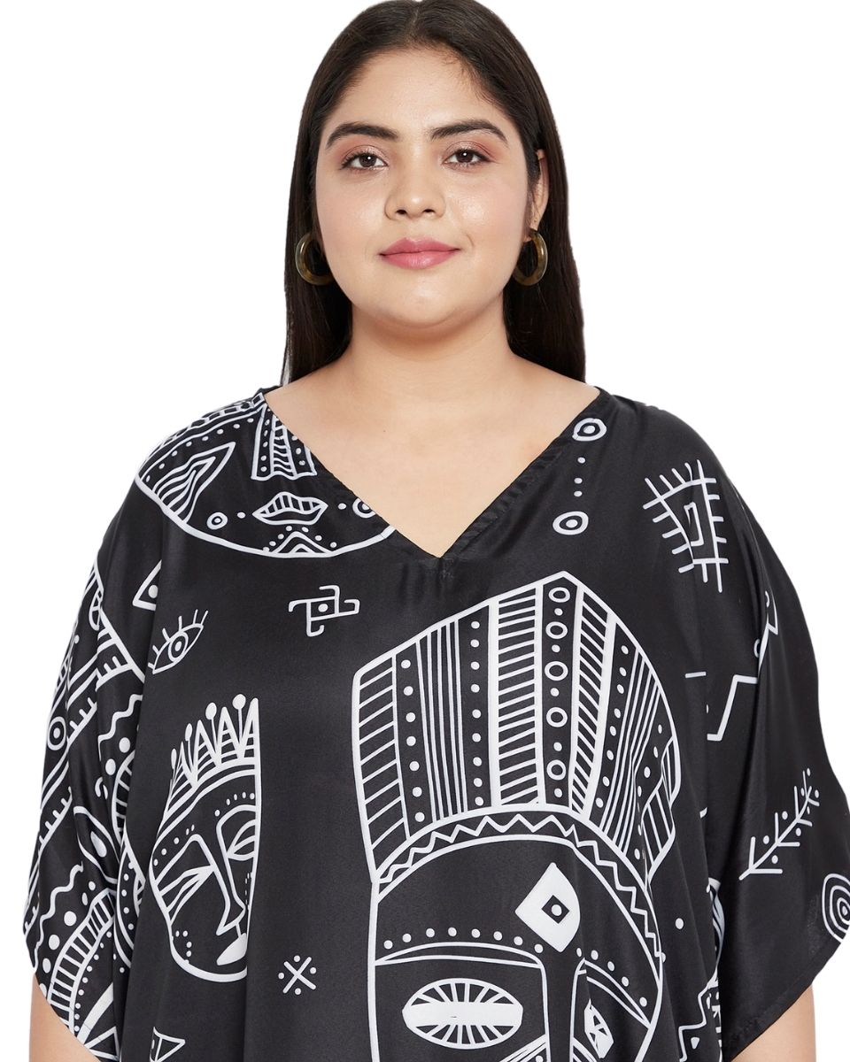 Black Tribal Pattern Polyester Loose Plus Size Kaftan For Women