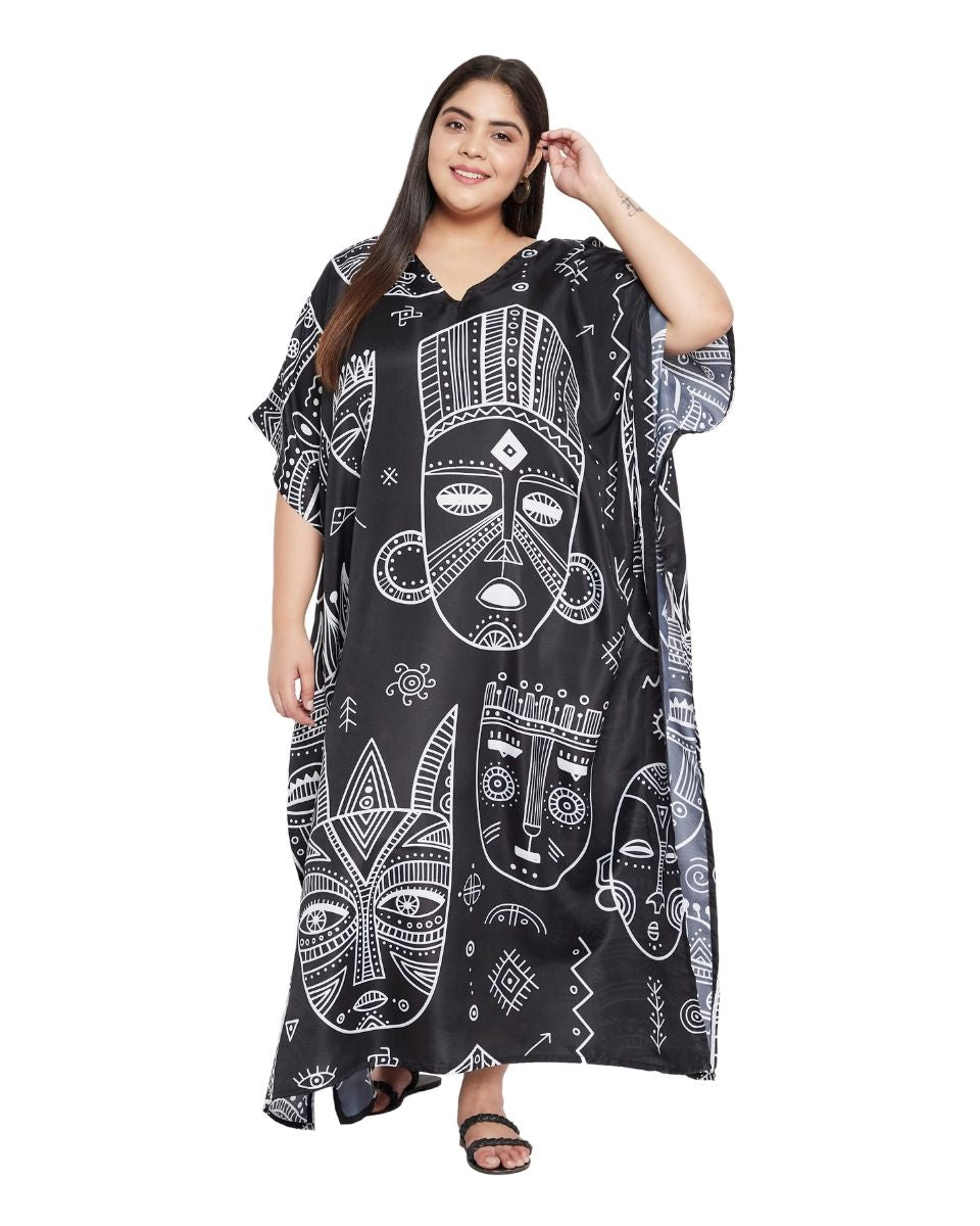 Black Tribal Pattern Polyester Loose Plus Size Kaftan For Women