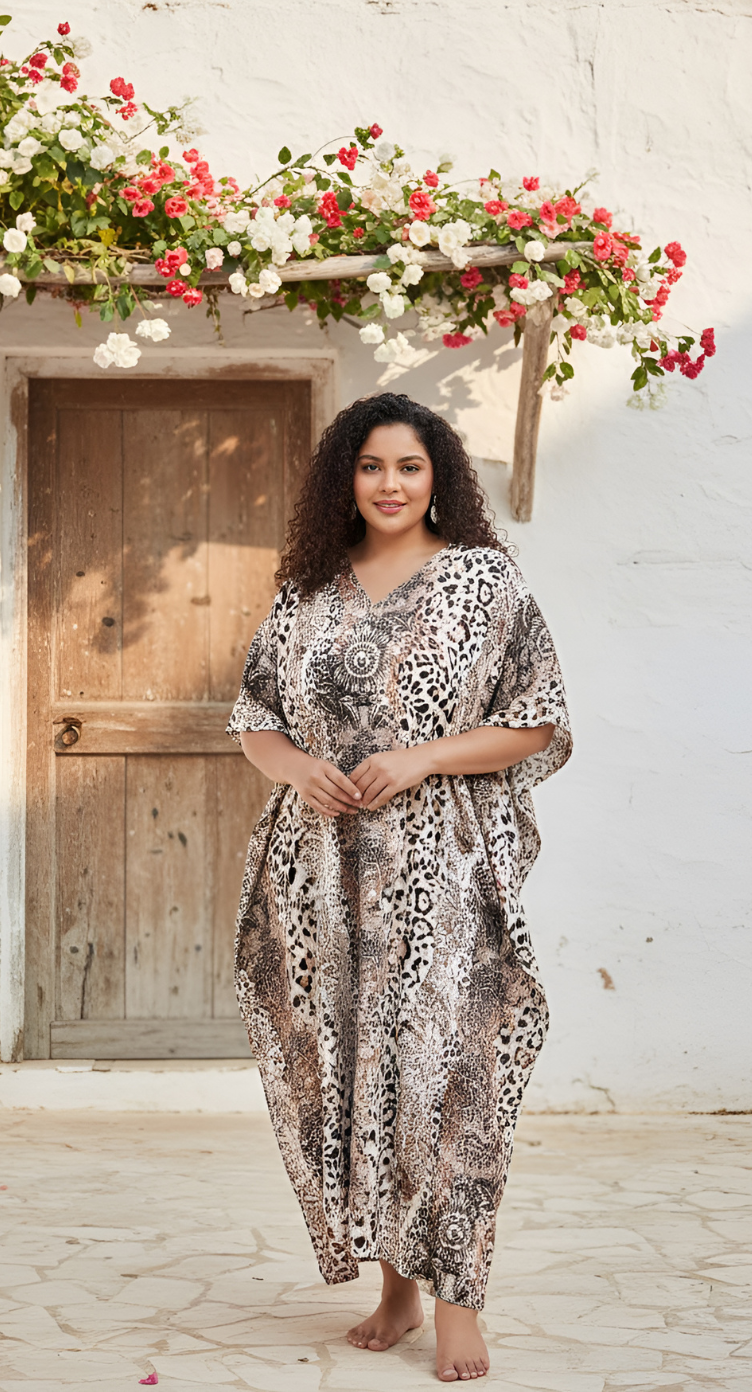 Animal Floral Print Off-White And Brown Polyester Kaftan For Plus Size Women