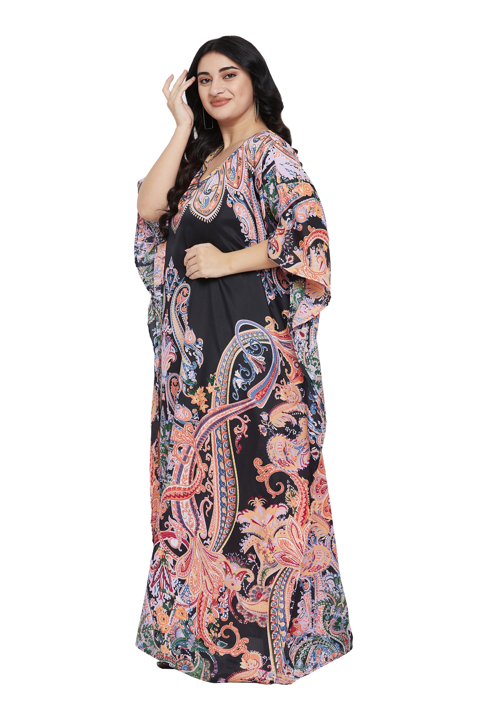 Black plus size kaftan with ornate coral and pink paisley print and wide kimono sleeves — extra view