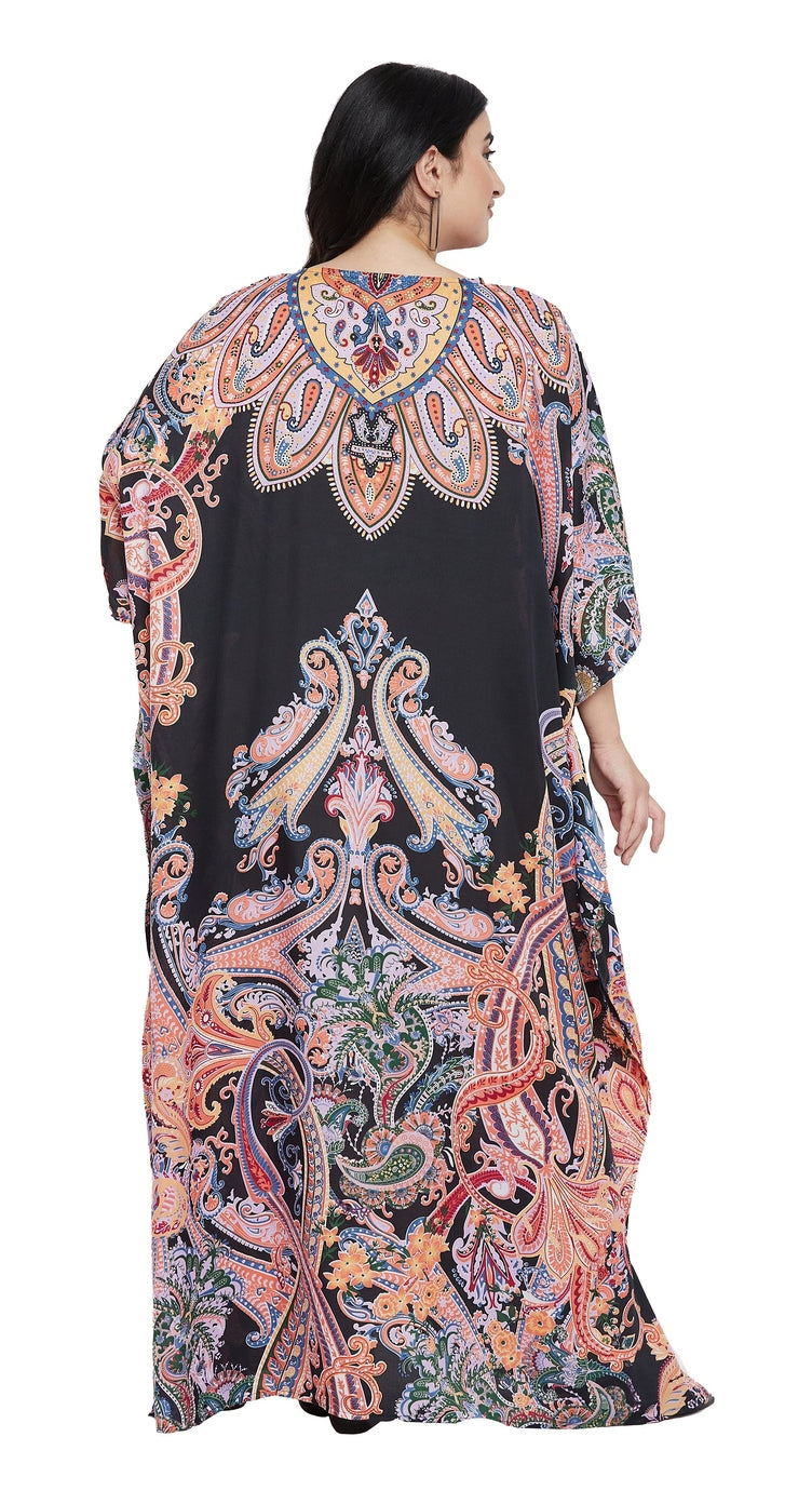 Black plus size kaftan with ornate coral and pink paisley print and wide kimono sleeves — alternate view