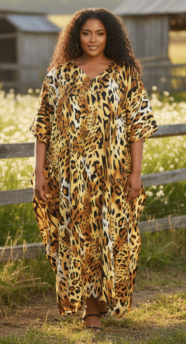 Tan leopard animal print plus size kaftan with V-neck and short kimono sleeves