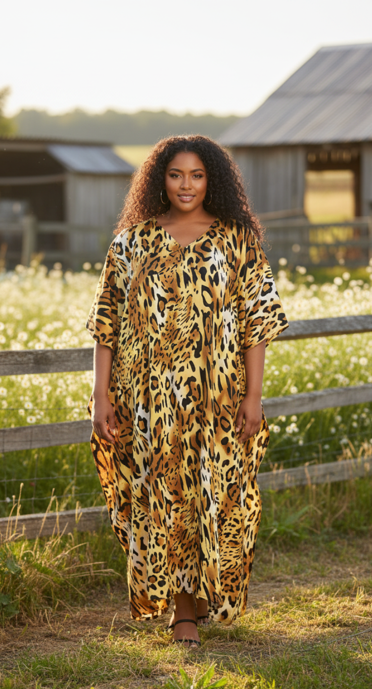 Animal Print Gold And Black Polyester Kaftan For Plus Size Women