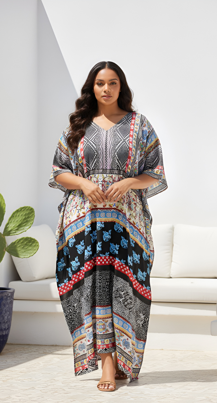 Floral Printed Black Polyester Plus size Kaftan Dress For Women