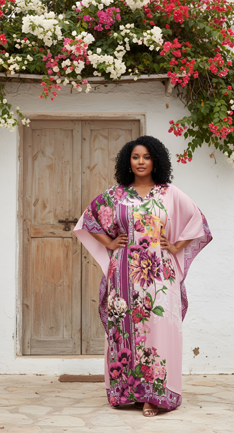 Floral Printed Pink Polyester Kaftan Plus Size Dress For Women
