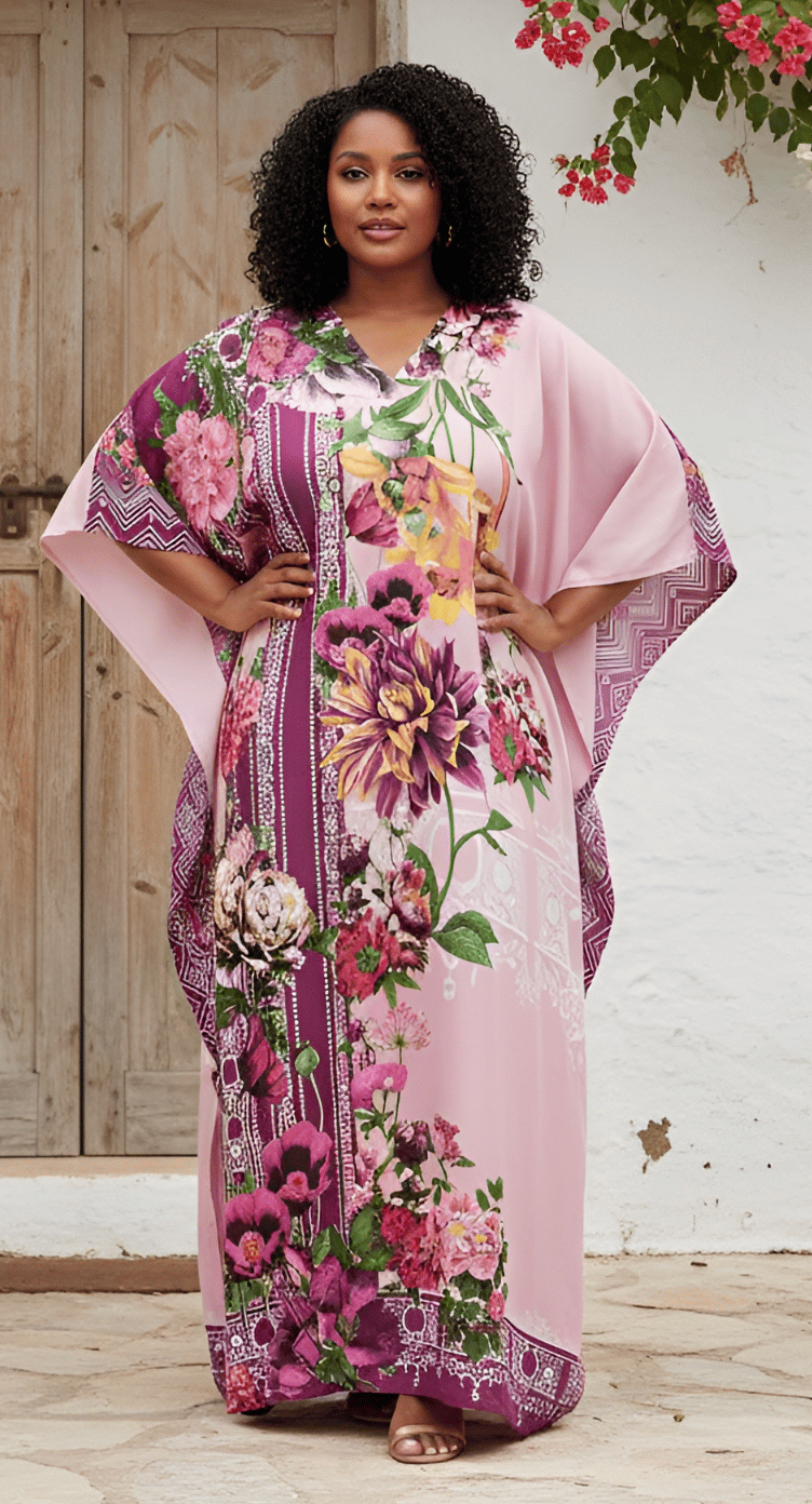 Pink plus size kaftan with floral peony print and deep magenta border, V-neck