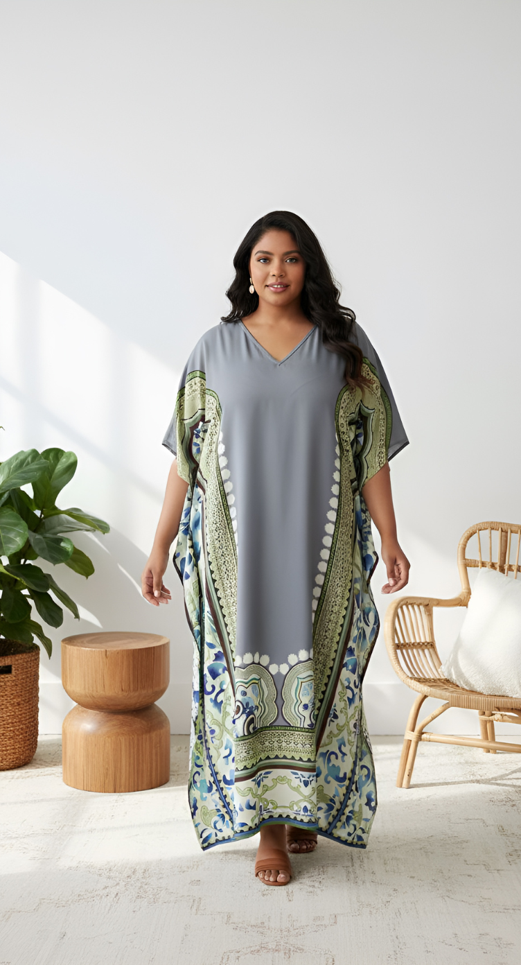 Abstract Printed Gray White Polyester Kaftan Dress Plus Size For Women