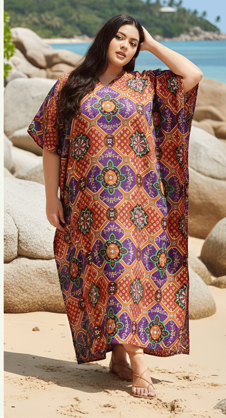 Purple and rust Moroccan medallion mosaic print plus size kaftan with kimono sleeves