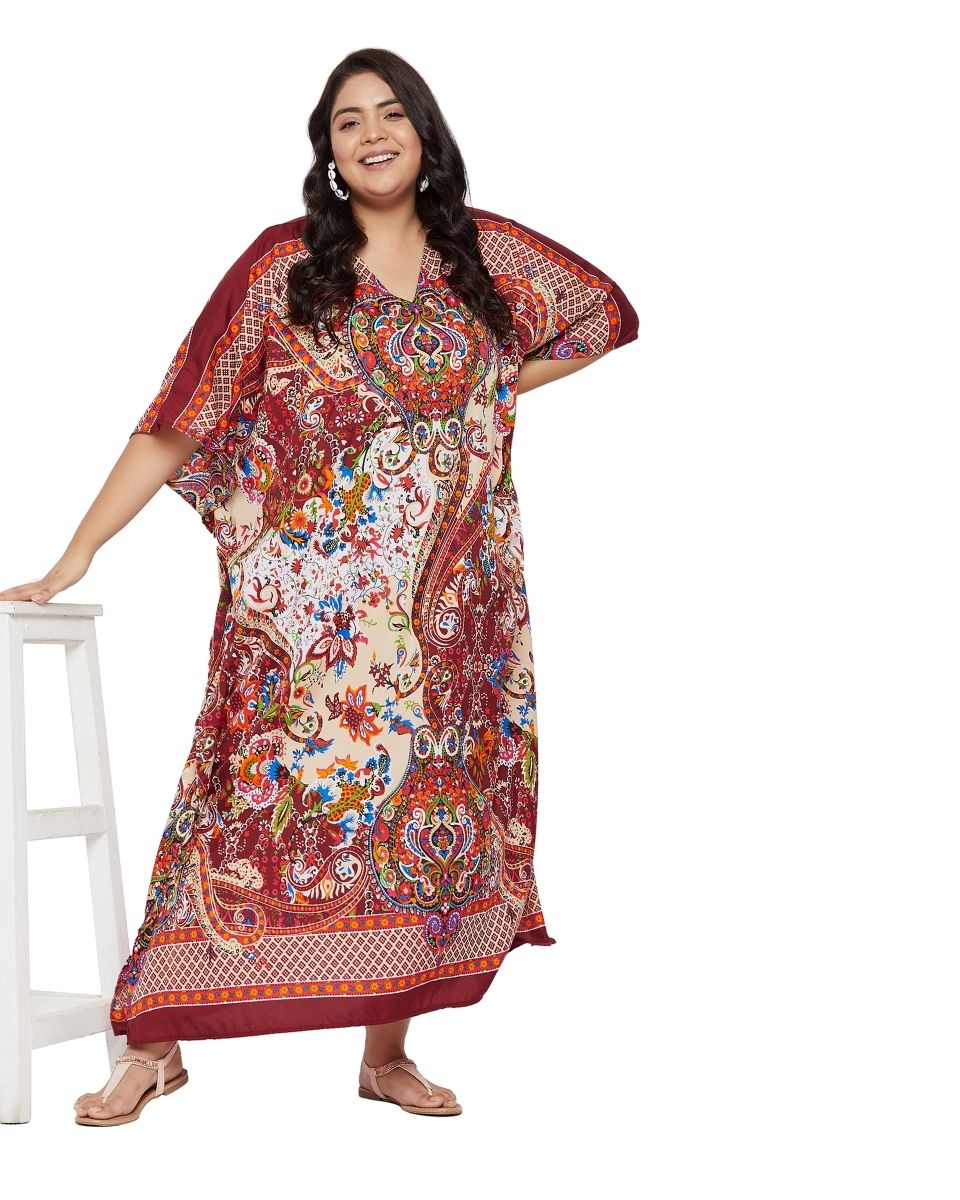 V-Neck Plus Size Women Floral Pattern Kimono Sleeve Polyester Kaftan