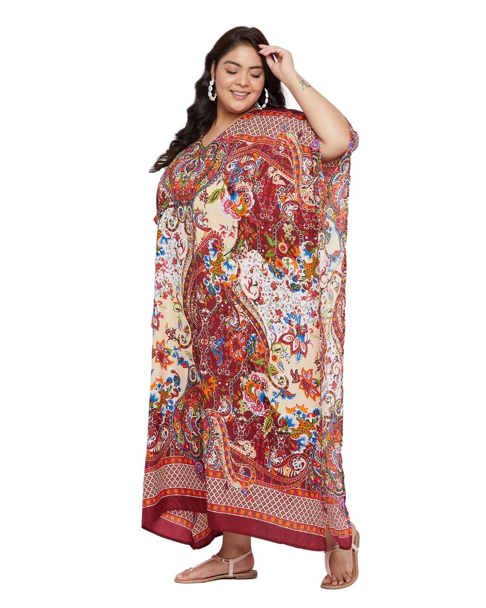 V-Neck Plus Size Women Floral Pattern Kimono Sleeve Polyester Kaftan