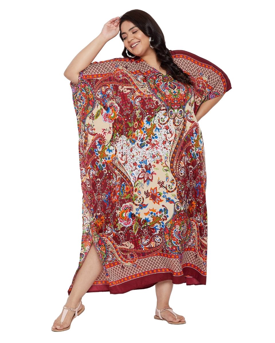 V-Neck Plus Size Women Floral Pattern Kimono Sleeve Polyester Kaftan