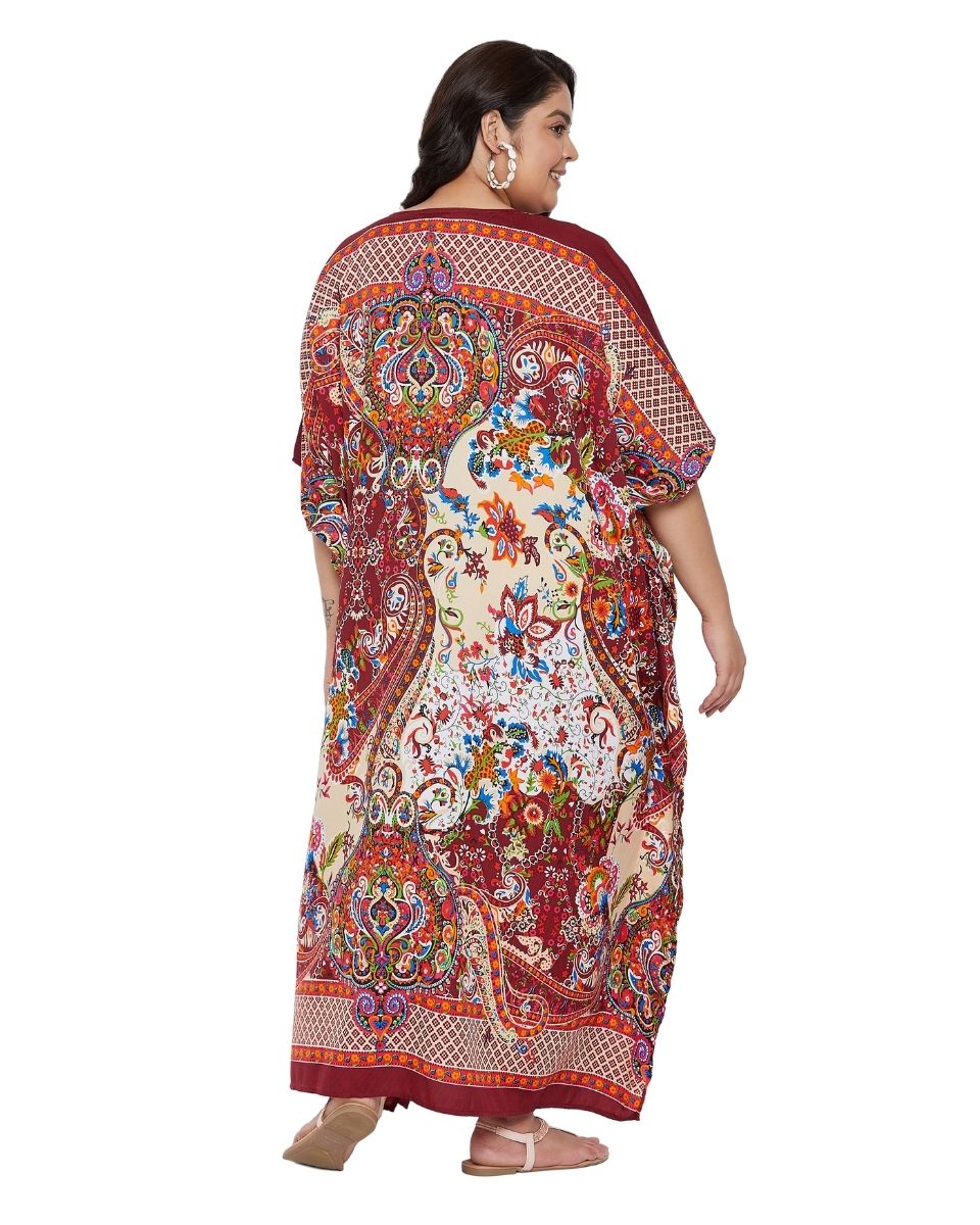 V-Neck Plus Size Women Floral Pattern Kimono Sleeve Polyester Kaftan