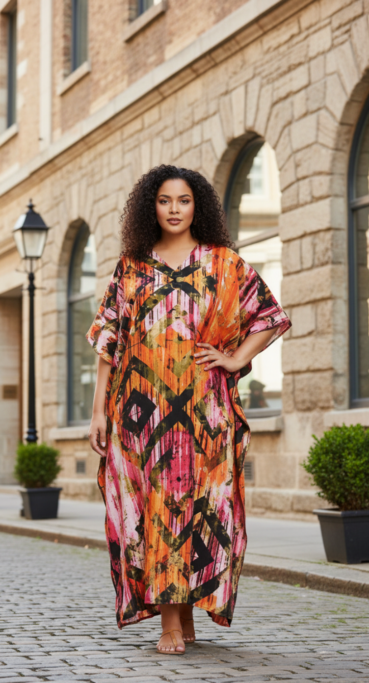 Geometric Print Multicolor Plus Size Polyester Kaftan Dress For Women