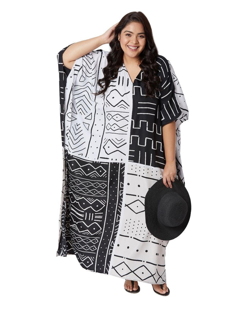 V-Neck Polyester Kimono Sleeve Long Kaftan For Plus Size Women