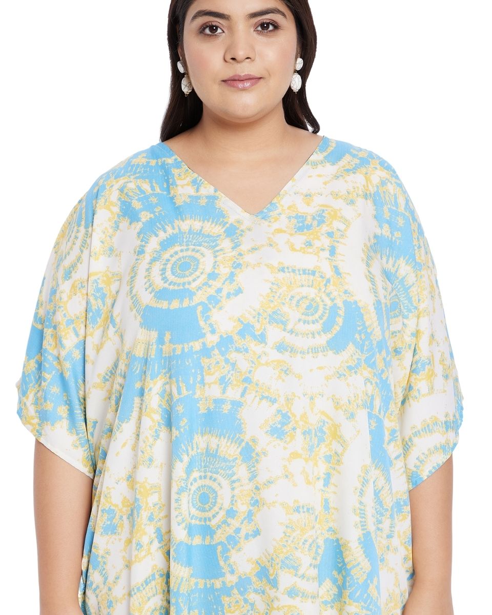 Shibori Printed Sky Blue Polyester Plus size Kaftan For Women