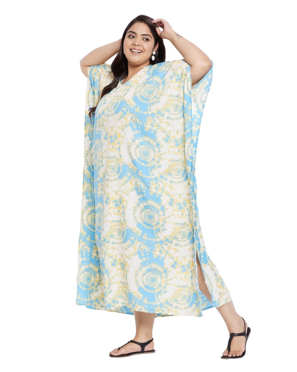 Shibori Printed Sky Blue Polyester Plus size Kaftan For Women