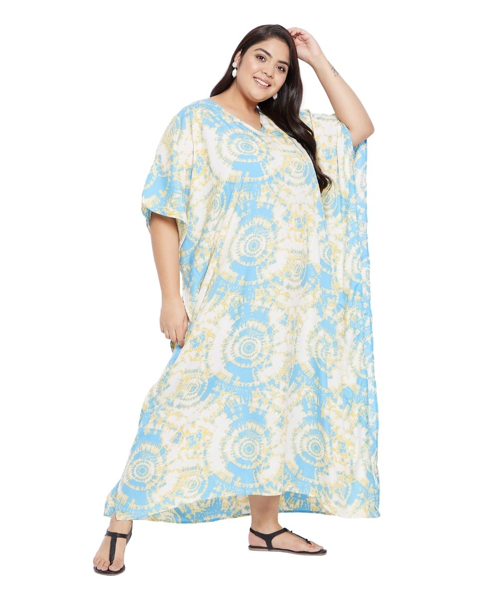 Shibori Printed Sky Blue Polyester Plus size Kaftan For Women