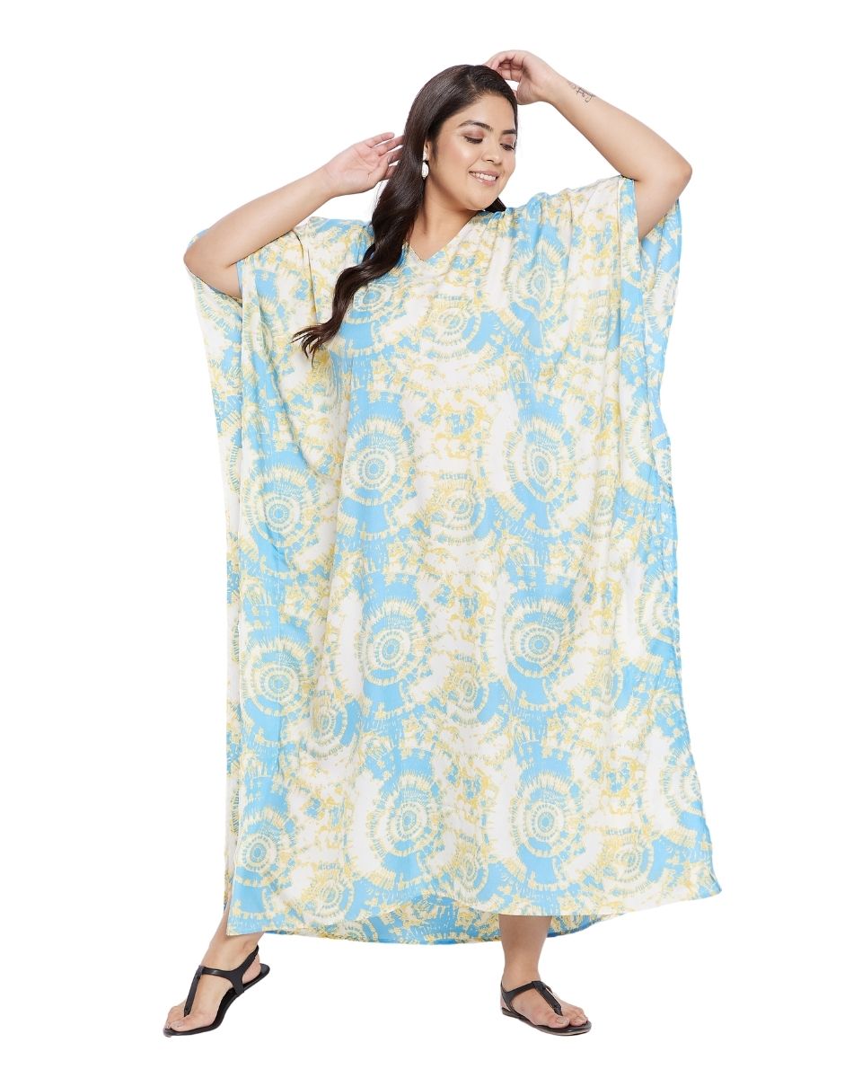 Shibori Printed Sky Blue Polyester Plus size Kaftan For Women