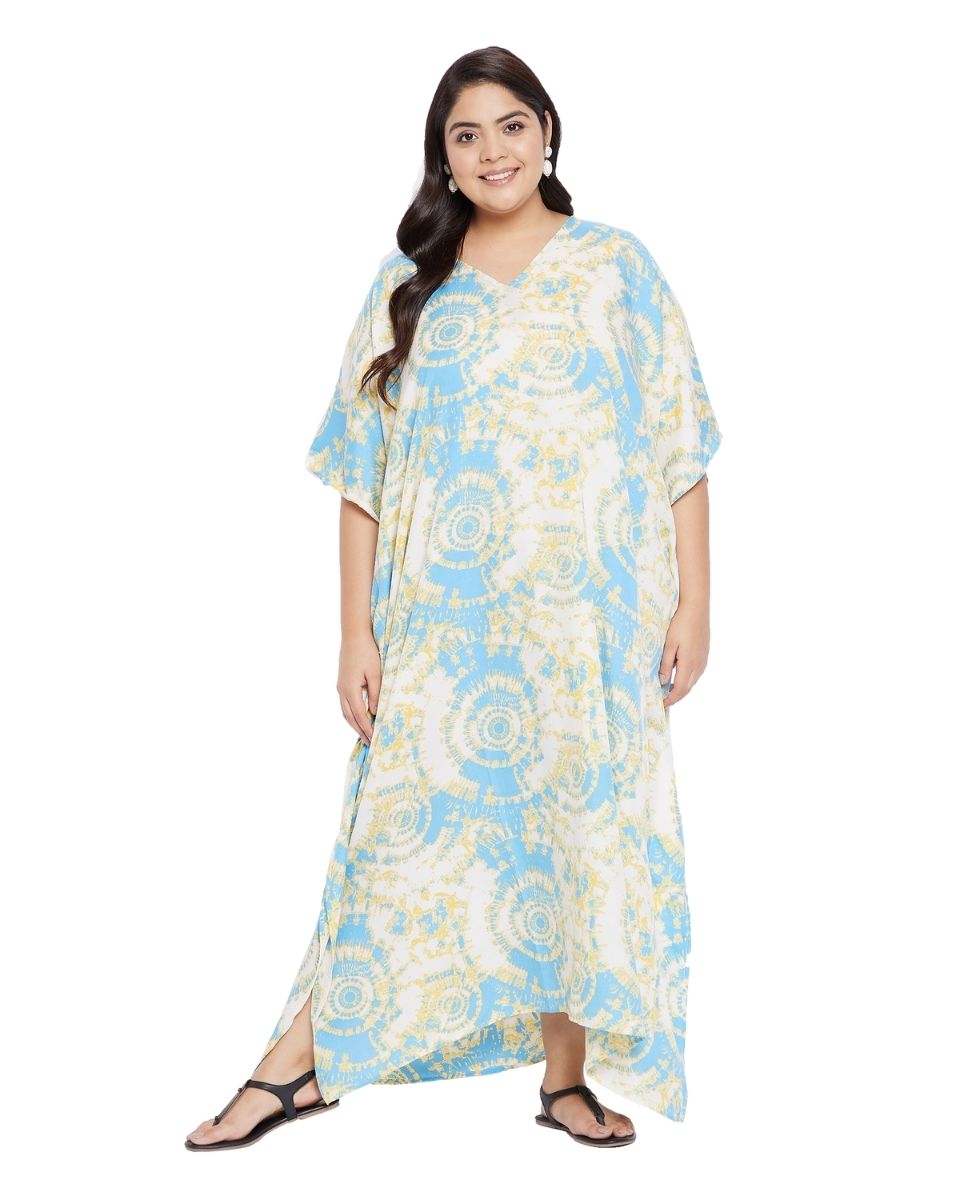 Shibori Printed Sky Blue Polyester Plus size Kaftan For Women