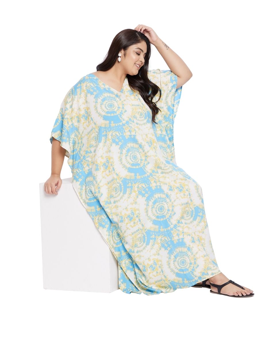 Shibori Printed Sky Blue Polyester Plus size Kaftan For Women