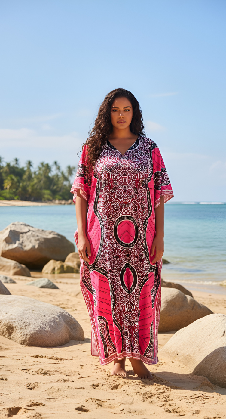 Color Pink Tribal Printed Polyester Kaftan For Plus Size Women