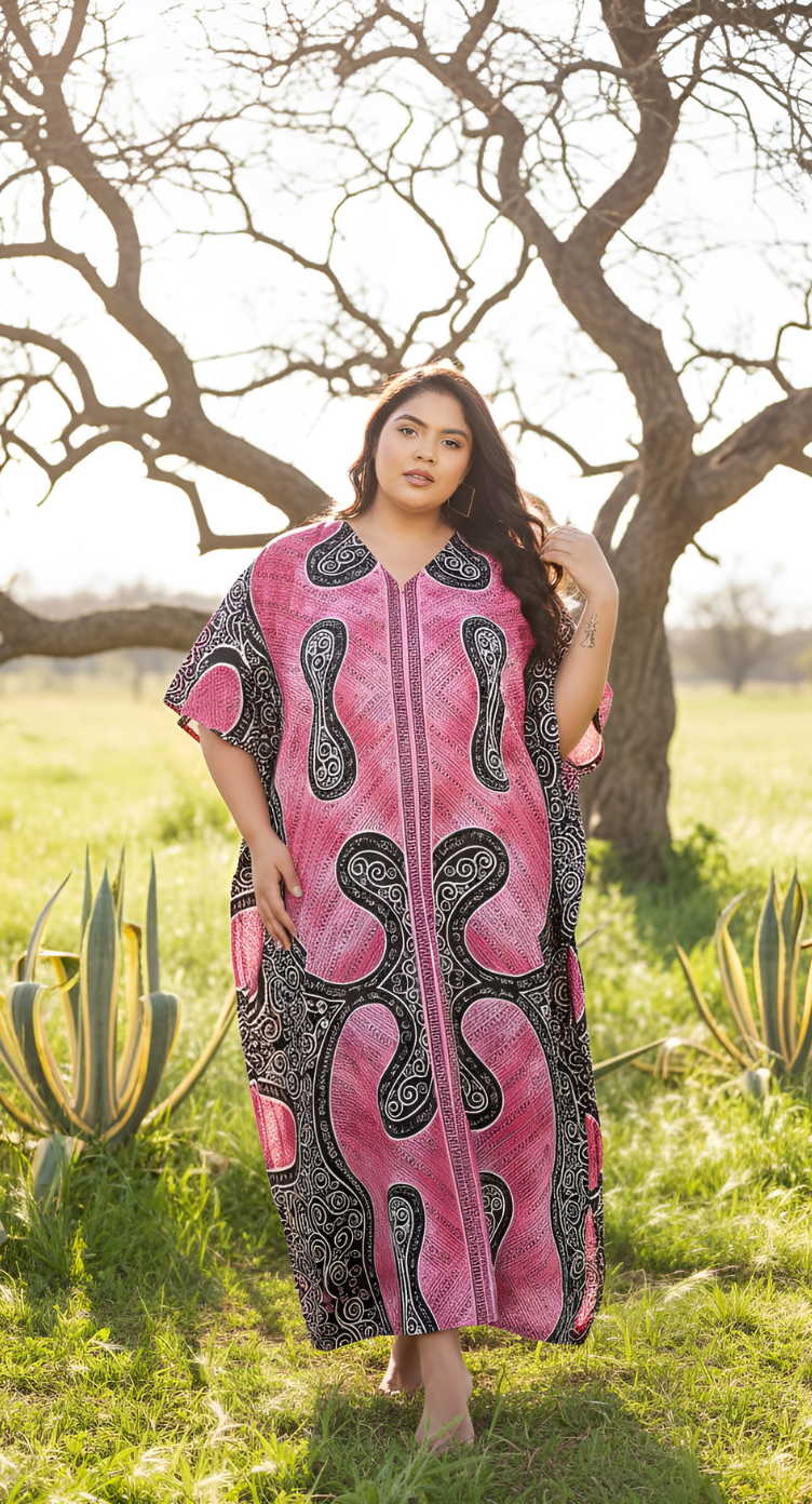 Kaftan Pink Polyester Tribal Printed For Plus Size Women