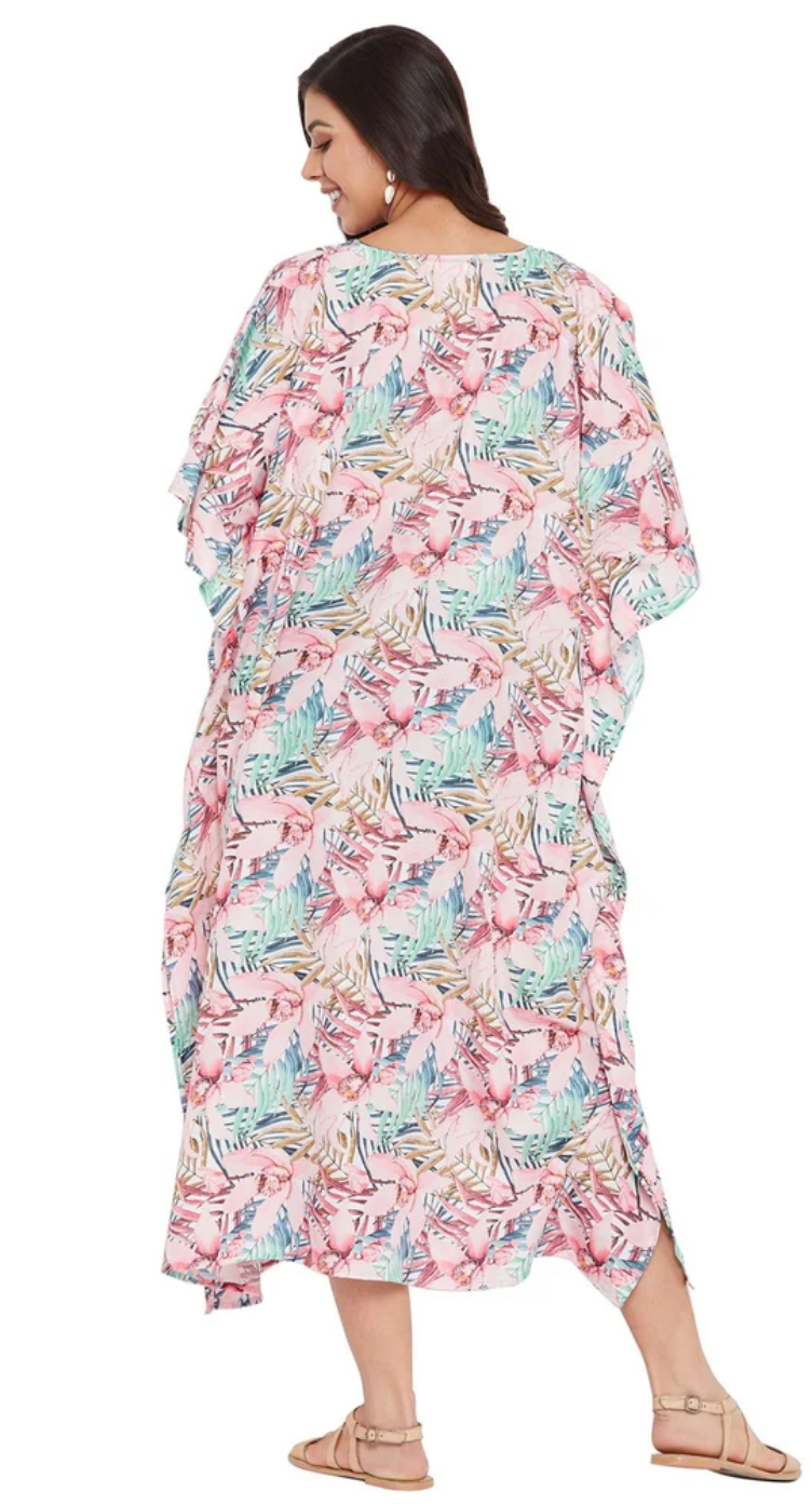 Pink Tropical Floral Polyester Plus Size Kaftan for Women 1X-3X V Neck | GypsieBlu