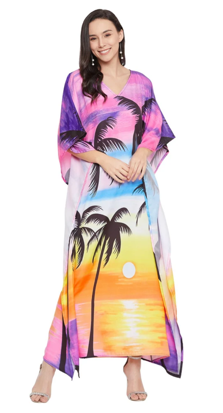 GypsieBlu Multicolor Polyester Plus Size Kaftan for Women V-Neck 1X-3X - Sunset Palm Tree Print