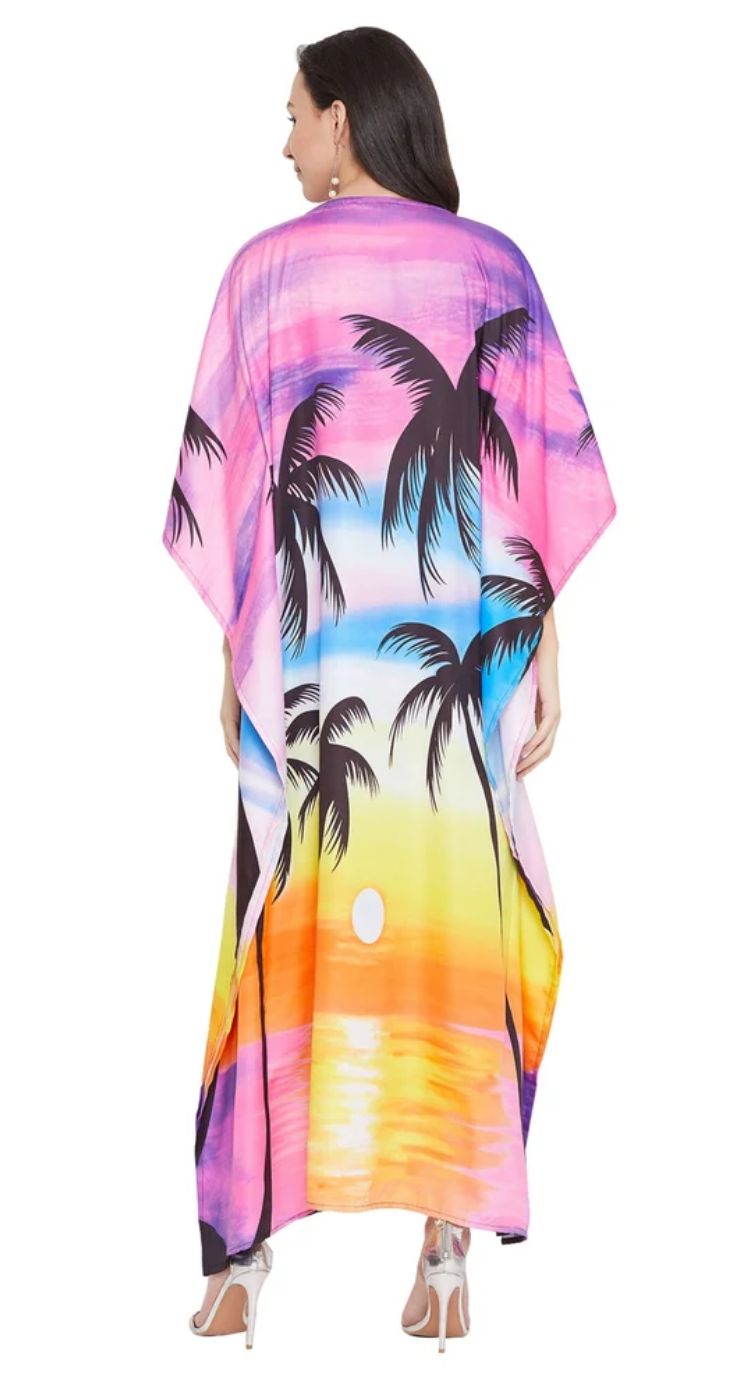 GypsieBlu Multicolor Polyester Plus Size Kaftan for Women V-Neck 1X-3X - Sunset Palm Tree Print