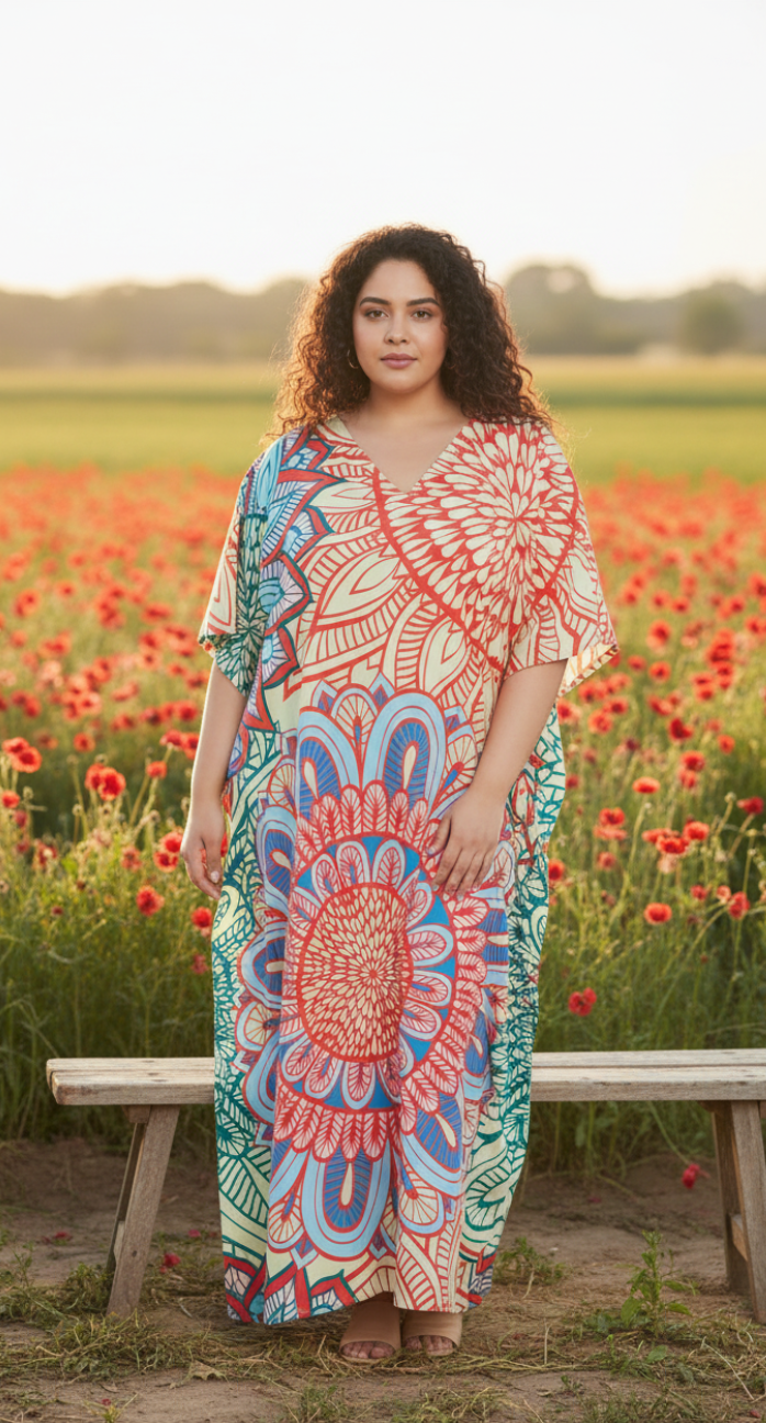 Floral Printed Multicolor Polyester Kaftan Plus Size Dress For Women