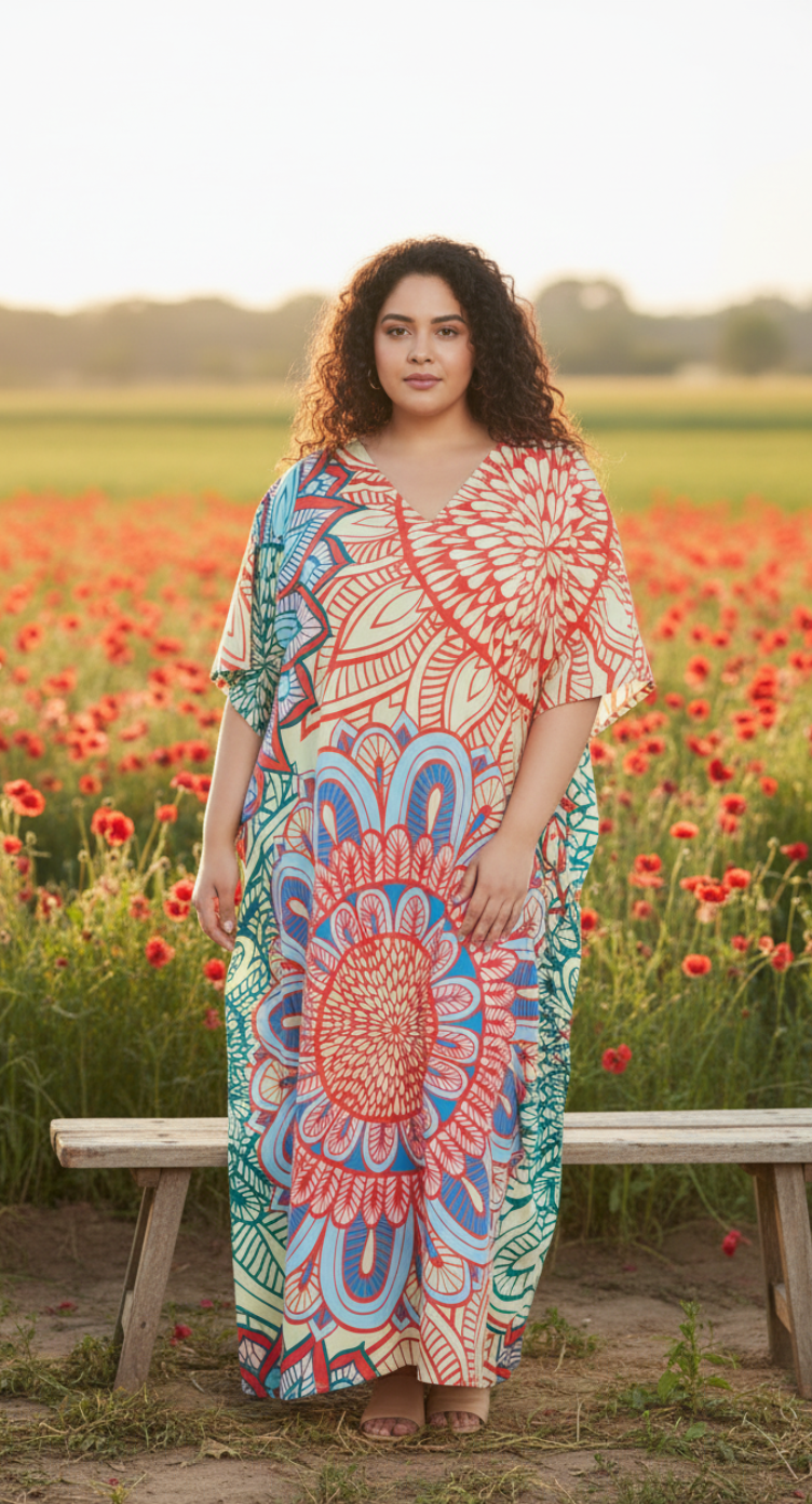 Floral Printed Multicolor Polyester Kaftan Plus Size Dress For Women