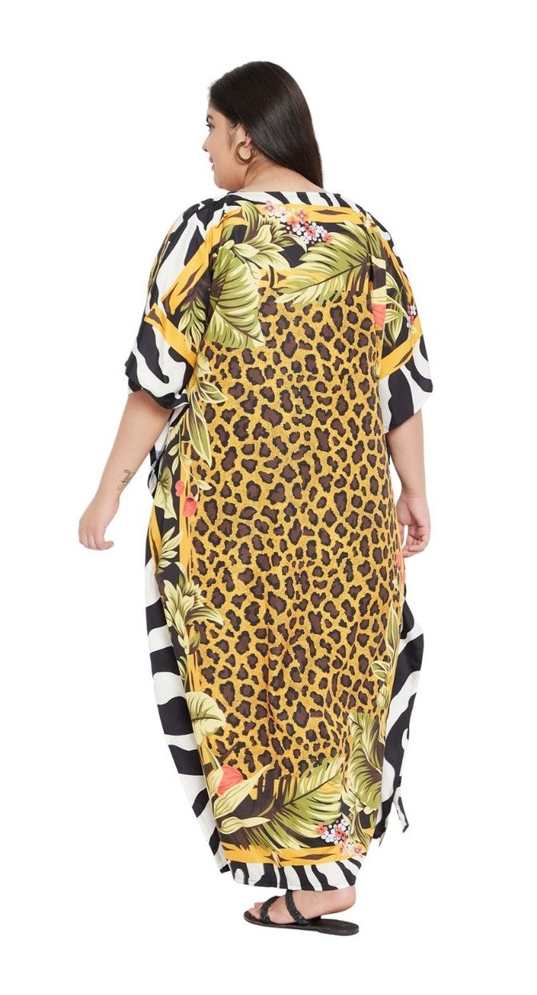 Multicolor plus size kaftan with leopard, zebra and palm leaf print panels — extra view