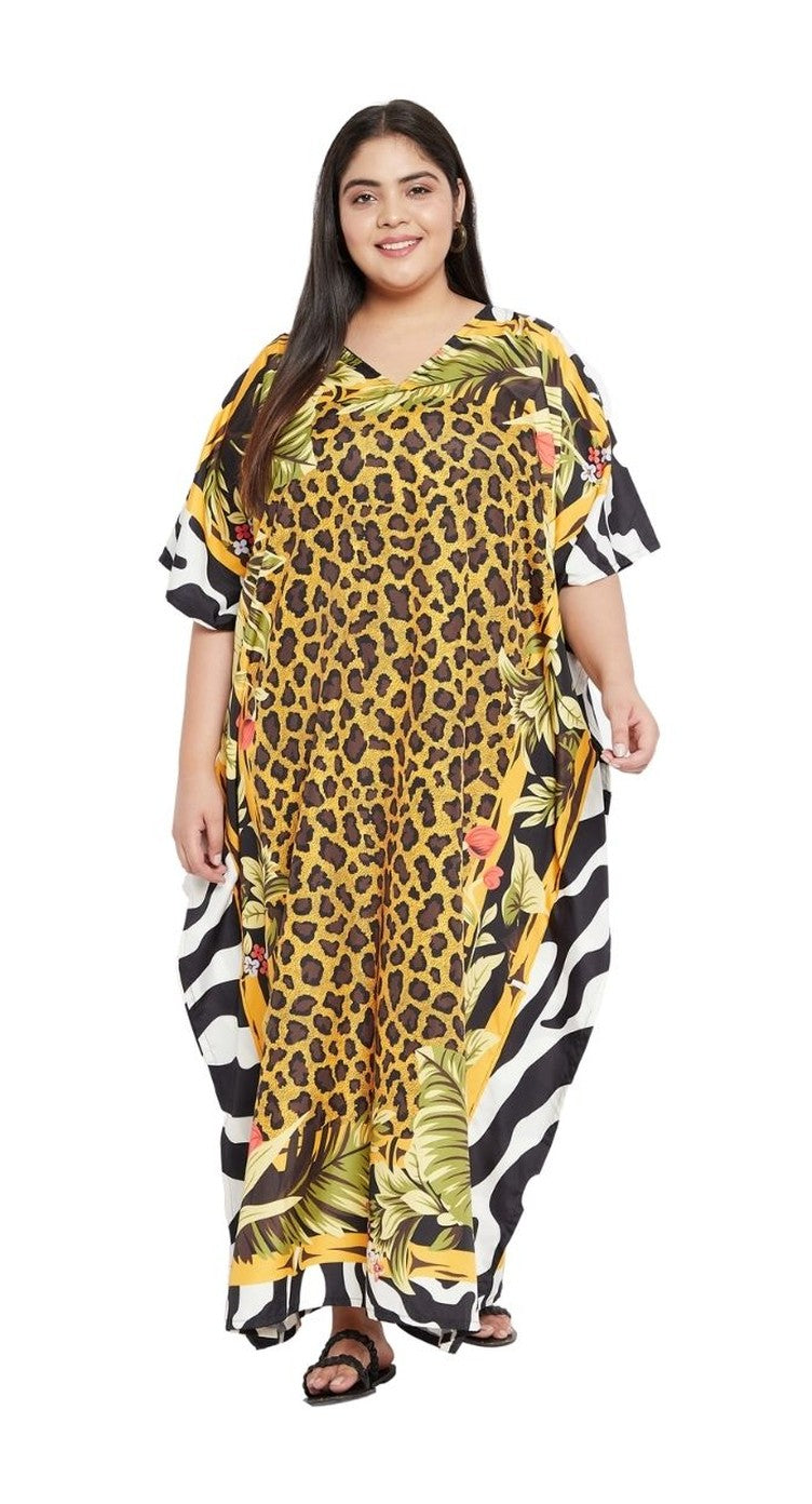 Multicolor plus size kaftan with leopard, zebra and palm leaf print panels