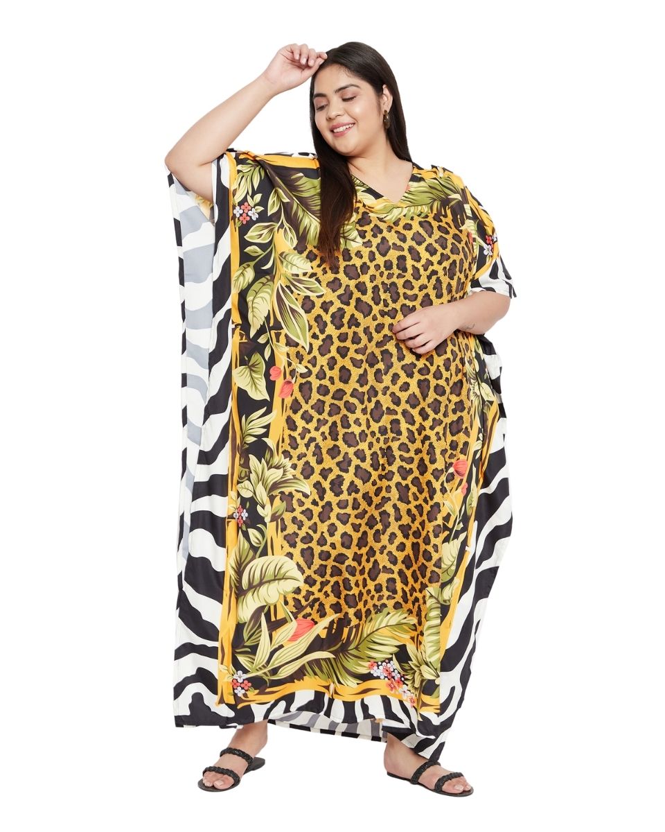 Animal & Tropical Printed Multicolor Polyester Kaftan for Women