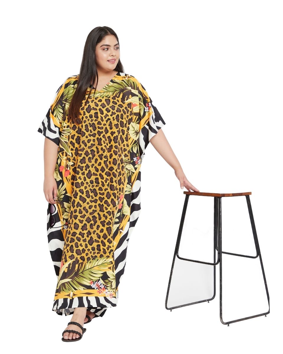 Animal & Tropical Printed Multicolor Polyester Kaftan for Women