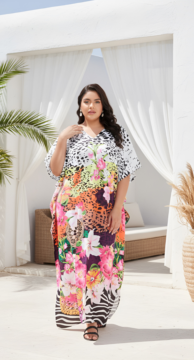 Floral Printed Multicolor Polyester Plus Size Kaftan Dress For Women
