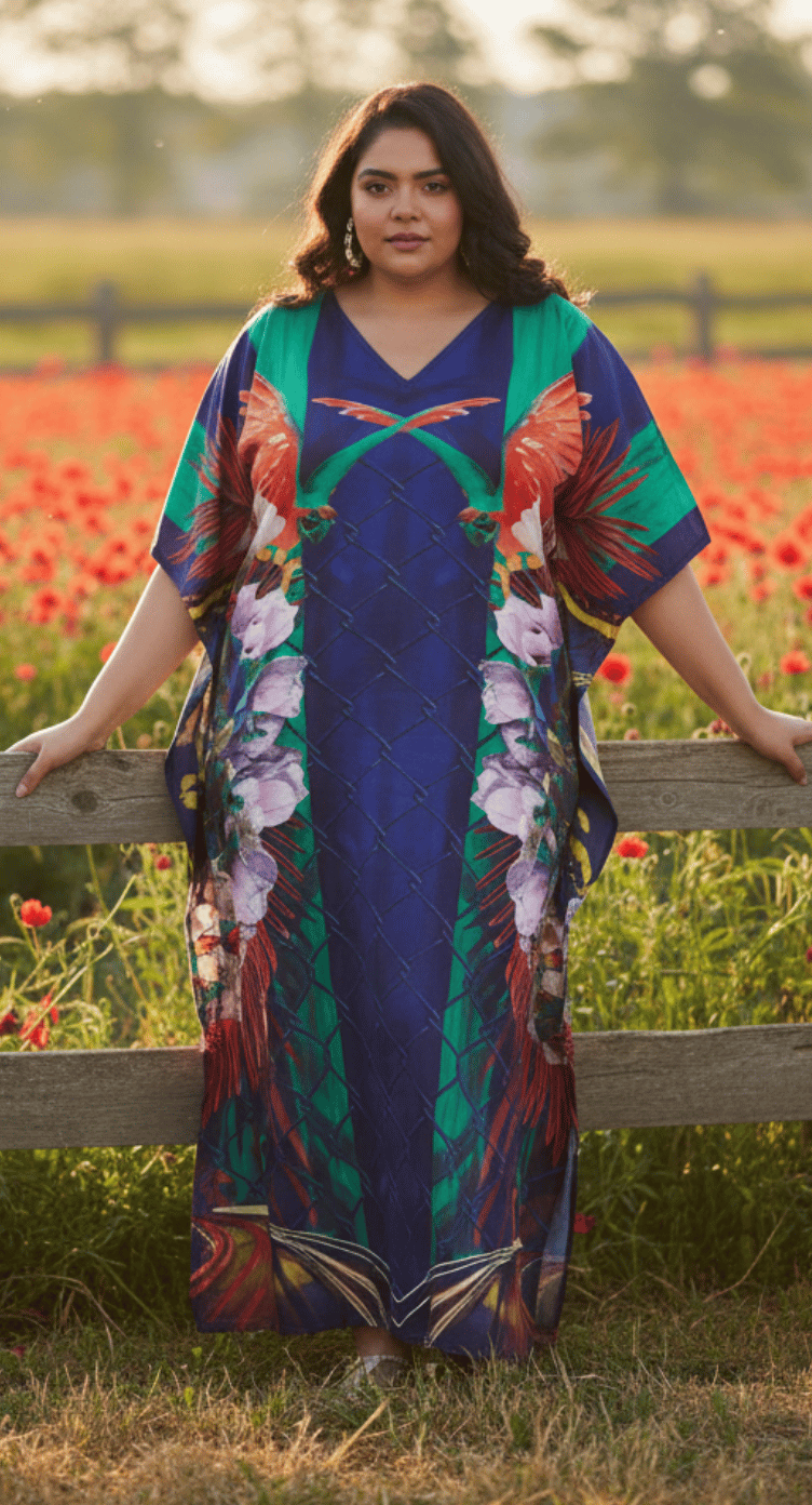 GypsieBlu Blue Multicolor Polyester Plus Size Kaftan for Women V-Neck 1X-3X - Tropical Bird Floral Print