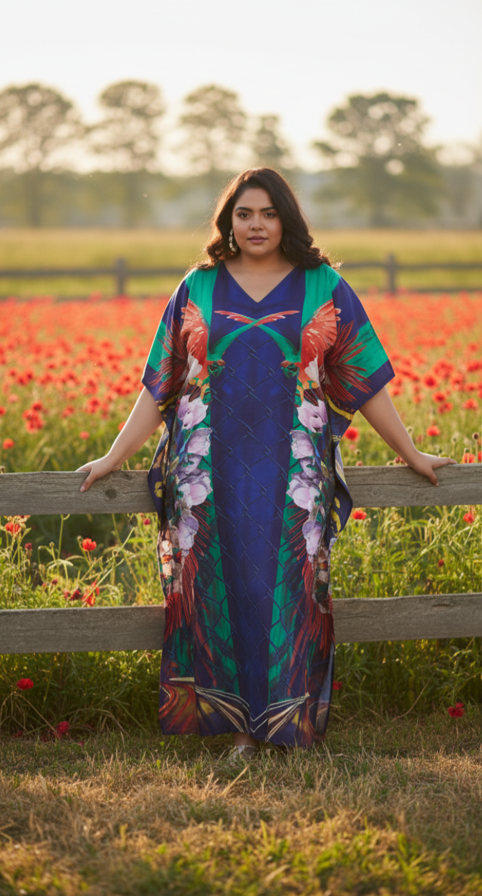 Floral Printed Navy Blue Polyester Plus Size Kaftan Dress For Women