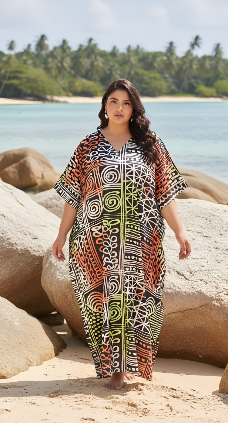 Geometric Printed  Plus Size Black Polyester Kaftan Dress For Women