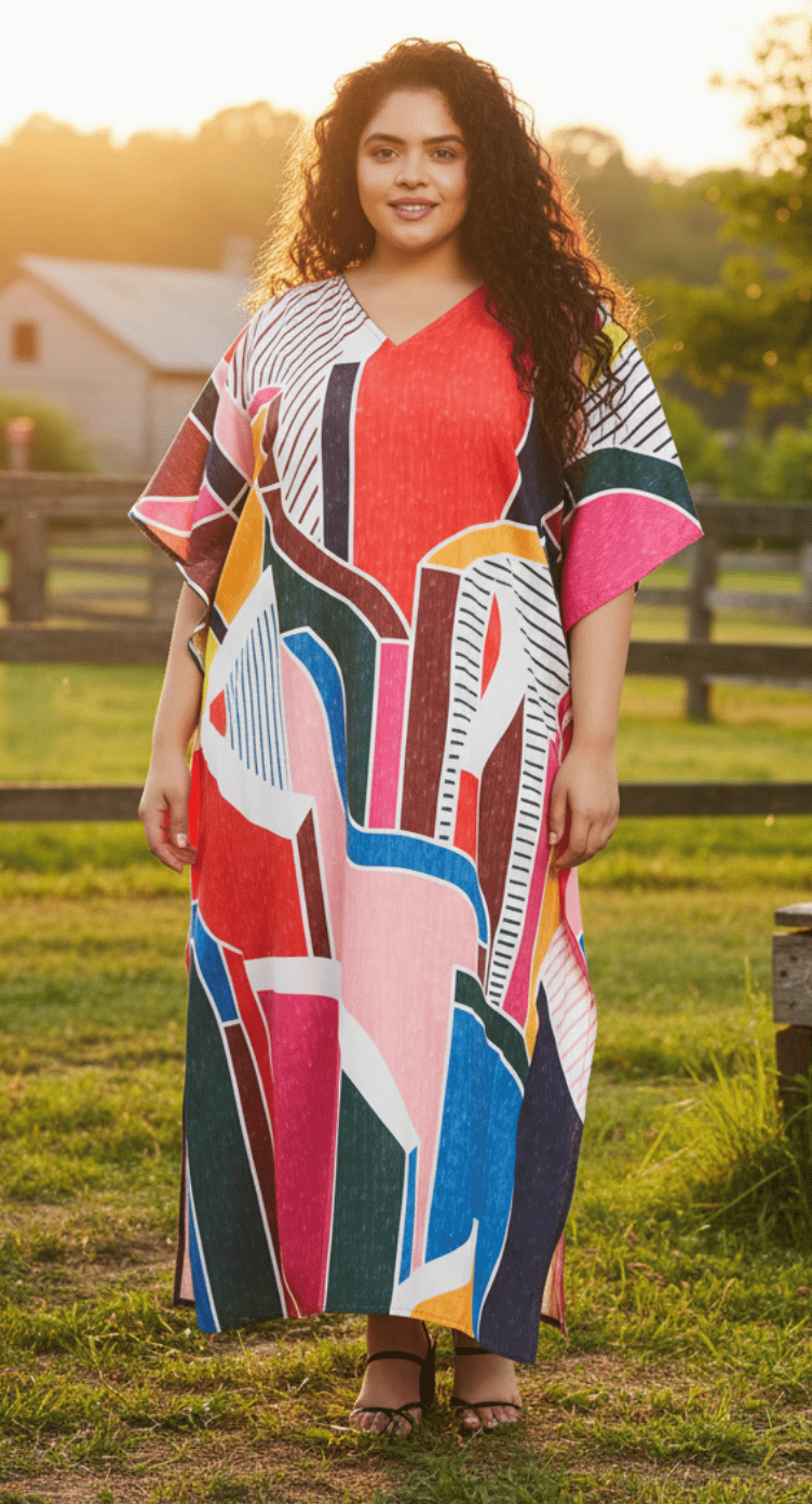 Multicolor geometric abstract colorblock plus size kaftan in red, pink and navy